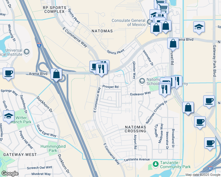 map of restaurants, bars, coffee shops, grocery stores, and more near 2544 Prosper Road in Sacramento