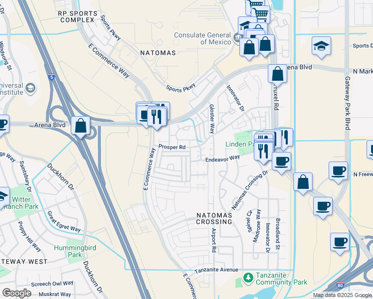 map of restaurants, bars, coffee shops, grocery stores, and more near 2480 Prosper Road in Sacramento
