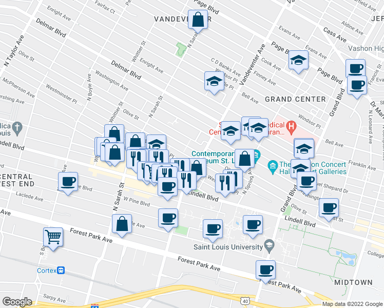 map of restaurants, bars, coffee shops, grocery stores, and more near 3918 Olive Street in St. Louis