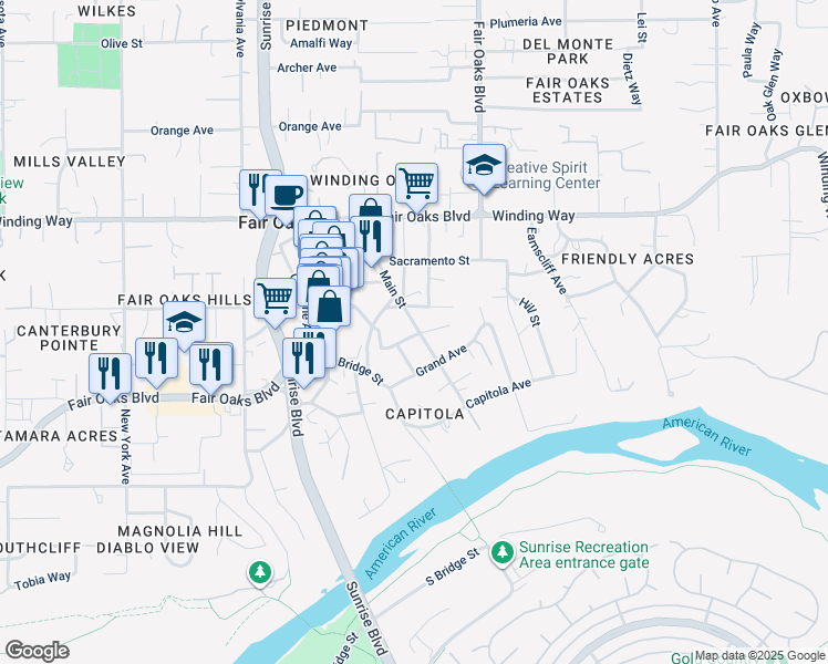 map of restaurants, bars, coffee shops, grocery stores, and more near 8000 California Avenue in Fair Oaks