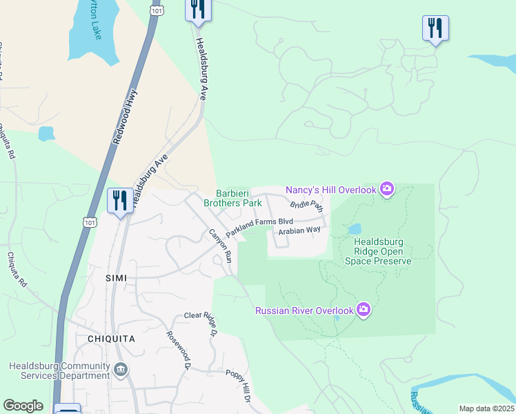 map of restaurants, bars, coffee shops, grocery stores, and more near 1711 Latigo Lane in Healdsburg