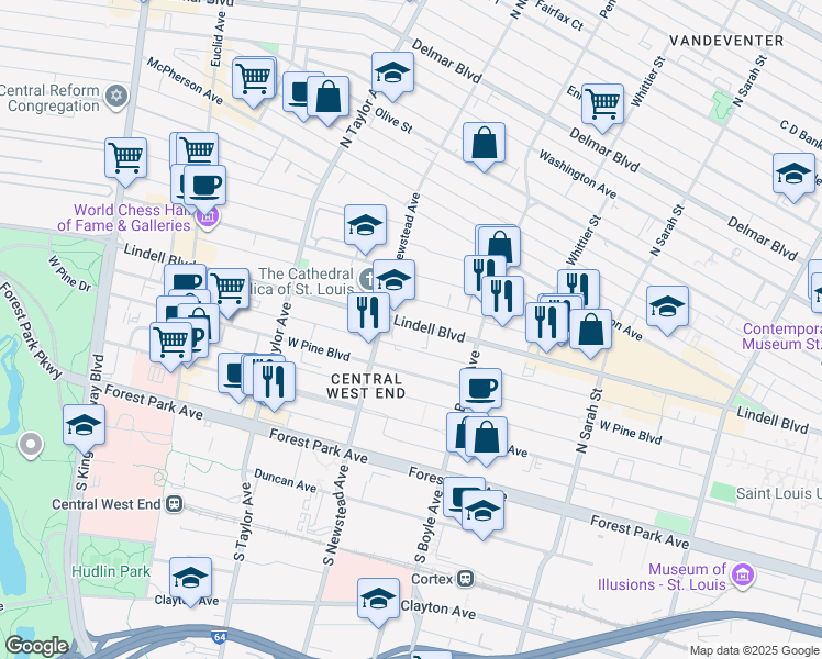 map of restaurants, bars, coffee shops, grocery stores, and more near in St. Louis