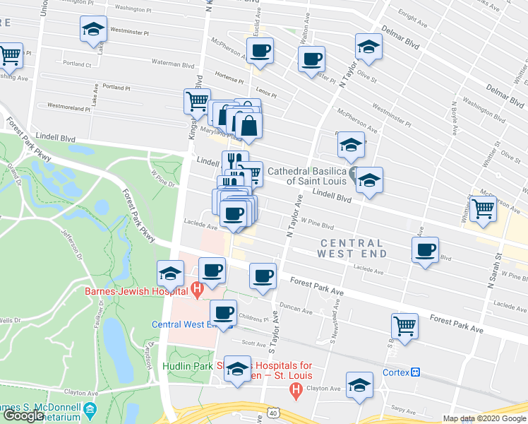 map of restaurants, bars, coffee shops, grocery stores, and more near 4555 West Pine Boulevard in St. Louis