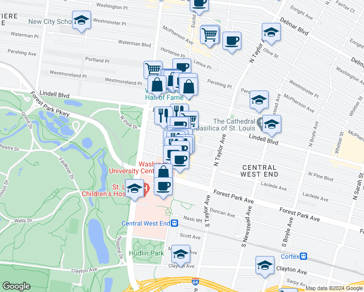 map of restaurants, bars, coffee shops, grocery stores, and more near 4906 West Pine Boulevard in St. Louis
