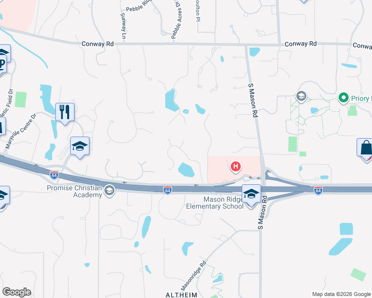 map of restaurants, bars, coffee shops, grocery stores, and more near 586 Pine Tree Lake Court in Chesterfield