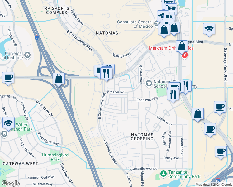map of restaurants, bars, coffee shops, grocery stores, and more near 2540 Prosper Road in Sacramento
