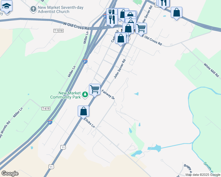 map of restaurants, bars, coffee shops, grocery stores, and more near 9634 John Sevier Road in New Market