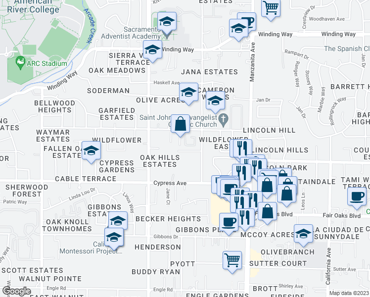 map of restaurants, bars, coffee shops, grocery stores, and more near 5617 Vall Court in Carmichael