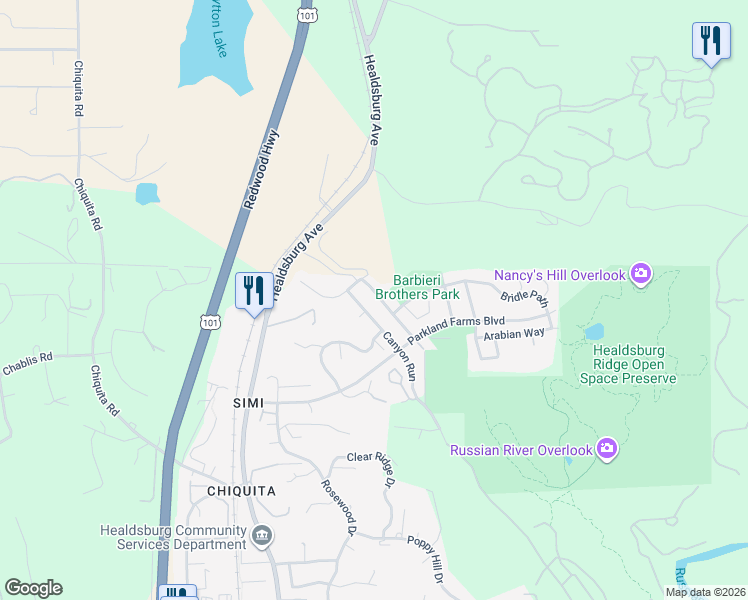 map of restaurants, bars, coffee shops, grocery stores, and more near 1722 Spur Ridge Lane in Healdsburg