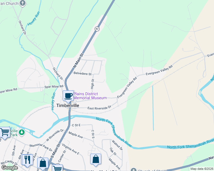 map of restaurants, bars, coffee shops, grocery stores, and more near 253 High Street in Timberville