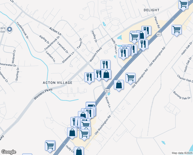 map of restaurants, bars, coffee shops, grocery stores, and more near 2500 Enterprise Place in Waldorf