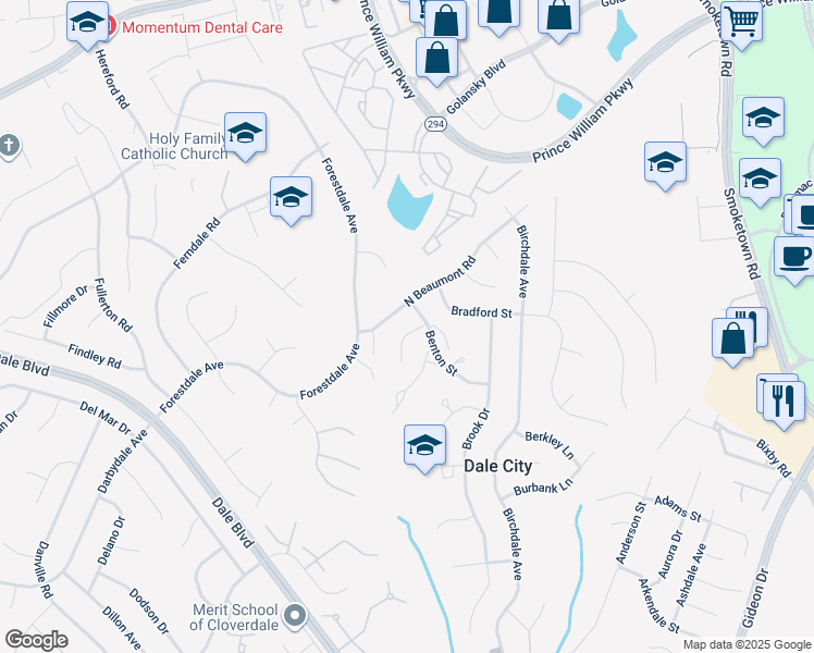 map of restaurants, bars, coffee shops, grocery stores, and more near 3416 Braddock Drive in Woodbridge