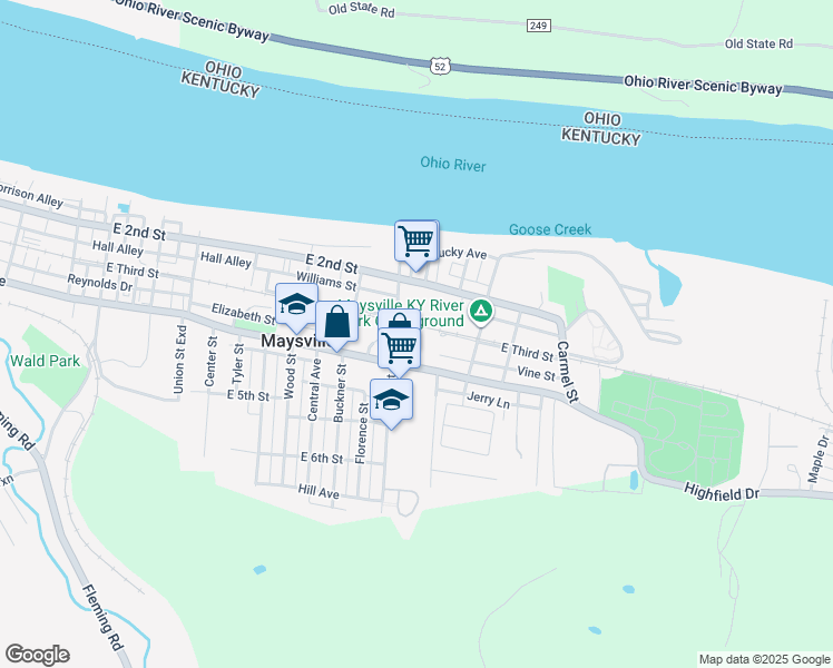 map of restaurants, bars, coffee shops, grocery stores, and more near 1100 East Third Street in Maysville