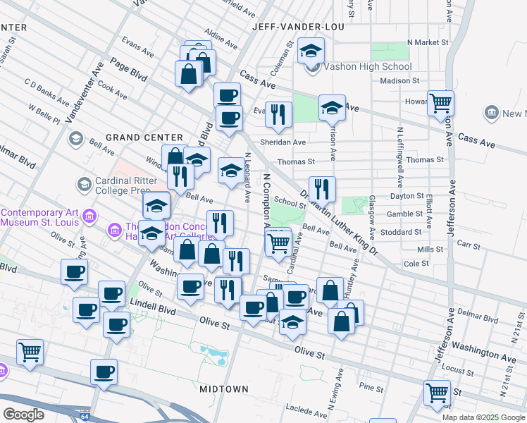 map of restaurants, bars, coffee shops, grocery stores, and more near in St. Louis