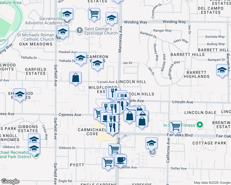 map of restaurants, bars, coffee shops, grocery stores, and more near 4117 Scranton Circle in Carmichael