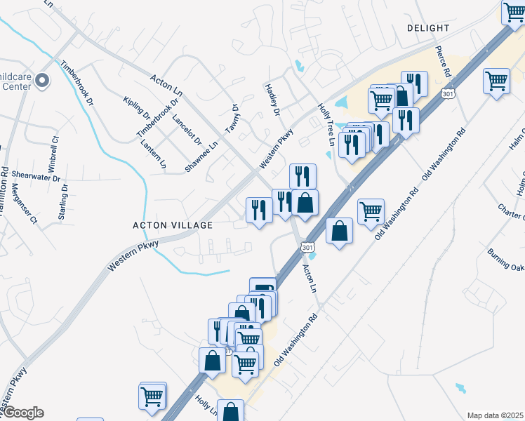 map of restaurants, bars, coffee shops, grocery stores, and more near 2530 Enterprise Place in Waldorf