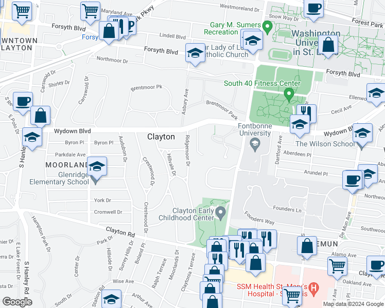 map of restaurants, bars, coffee shops, grocery stores, and more near 12 Ridgemoor Dr in St Louis