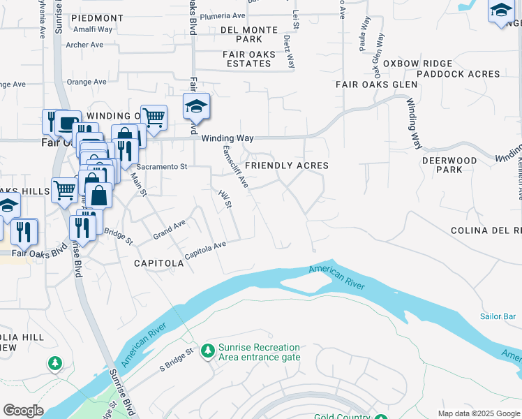 map of restaurants, bars, coffee shops, grocery stores, and more near 4104 Earnscliff Avenue in Fair Oaks