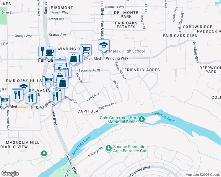 map of restaurants, bars, coffee shops, grocery stores, and more near 4107 Smallwood Lane in Fair Oaks