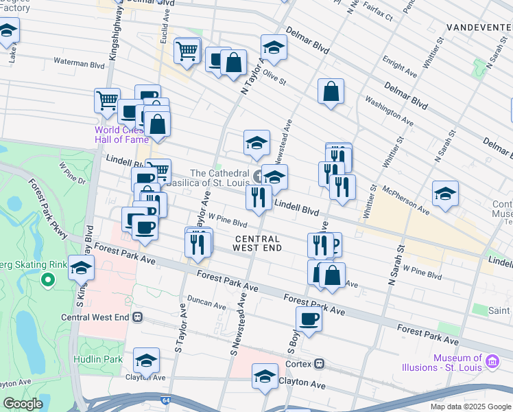 map of restaurants, bars, coffee shops, grocery stores, and more near 4400 Lindell Boulevard in St. Louis