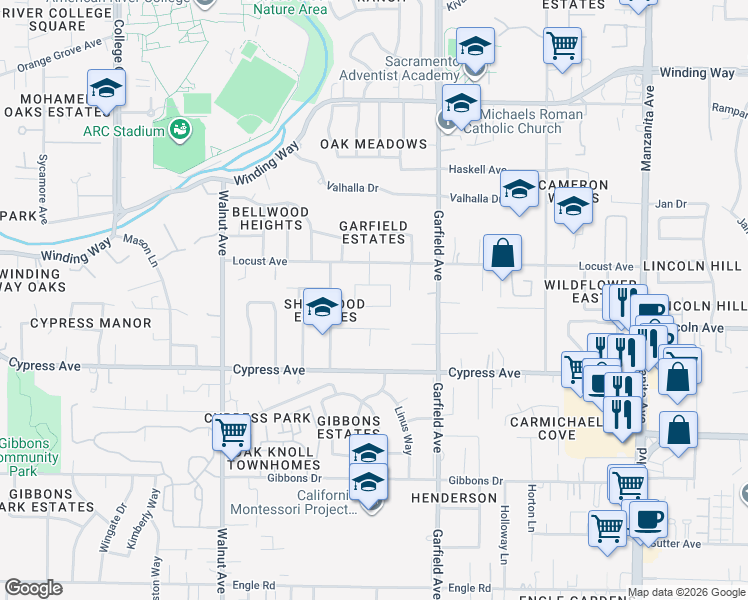 map of restaurants, bars, coffee shops, grocery stores, and more near 5444 Wildflower Circle in Carmichael
