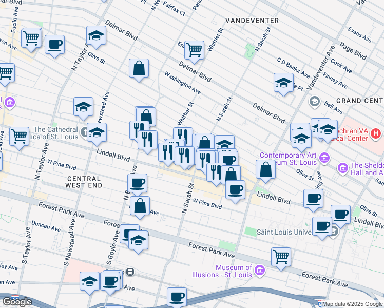 map of restaurants, bars, coffee shops, grocery stores, and more near 4131 Lindell Boulevard in St. Louis