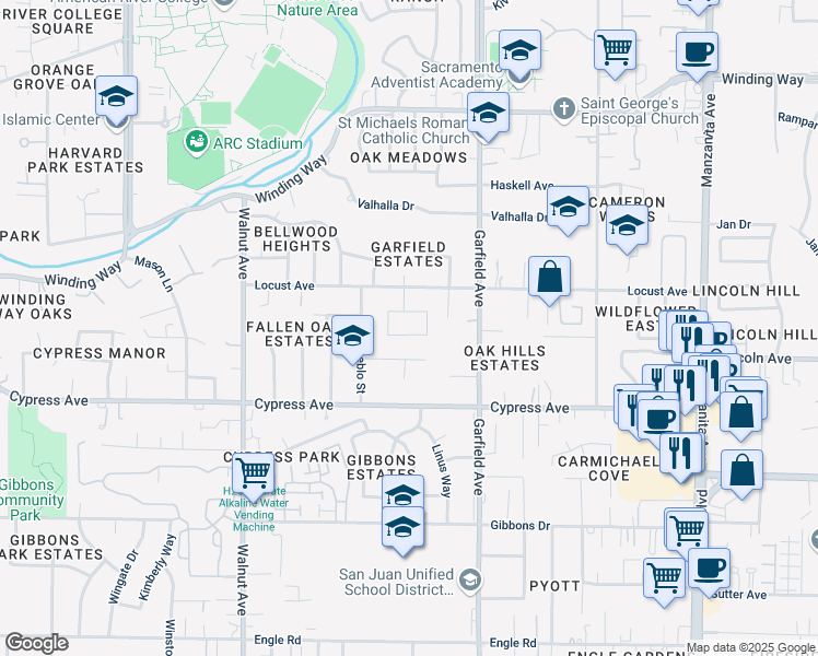 map of restaurants, bars, coffee shops, grocery stores, and more near 5444 Wildflower Circle in Carmichael