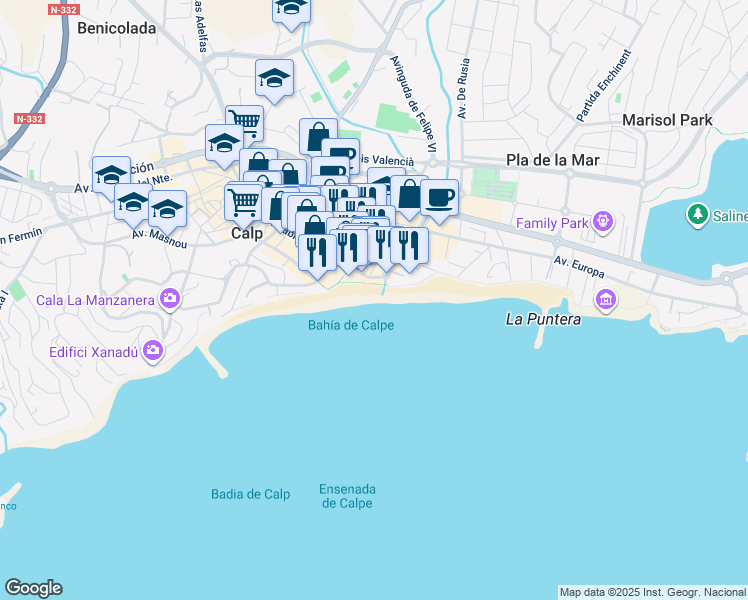 map of restaurants, bars, coffee shops, grocery stores, and more near 17 Calle la Niña in Calp