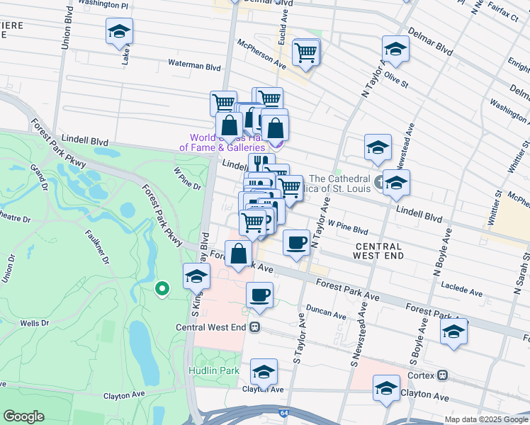 map of restaurants, bars, coffee shops, grocery stores, and more near 4906 West Pine Boulevard in St. Louis