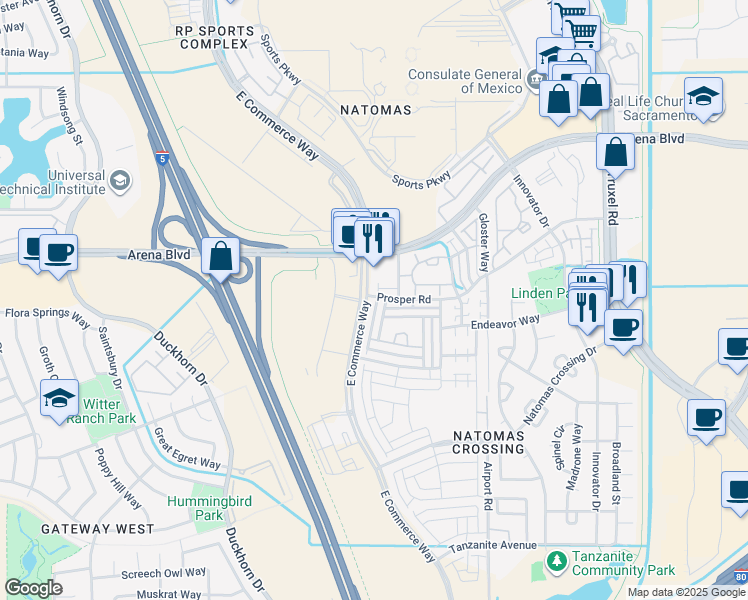 map of restaurants, bars, coffee shops, grocery stores, and more near 3980 East Commerce Way in Sacramento
