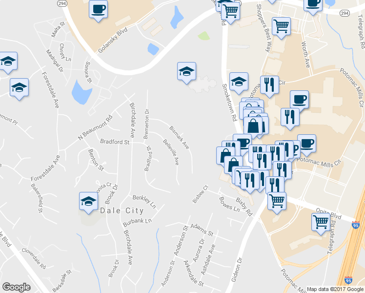 map of restaurants, bars, coffee shops, grocery stores, and more near 14306 Bismark Avenue in Woodbridge