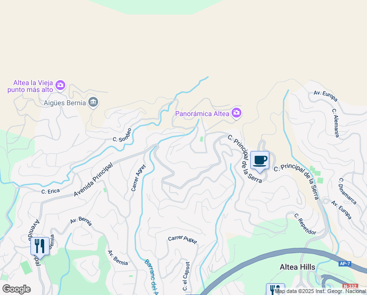 map of restaurants, bars, coffee shops, grocery stores, and more near 6 Calle Giralda de Sevilla in Altea