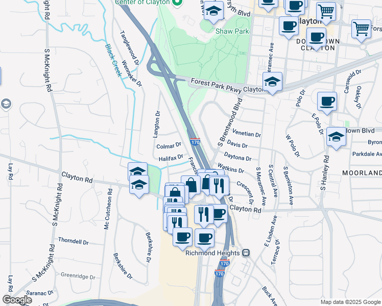 map of restaurants, bars, coffee shops, grocery stores, and more near 804 Francis Place in Clayton