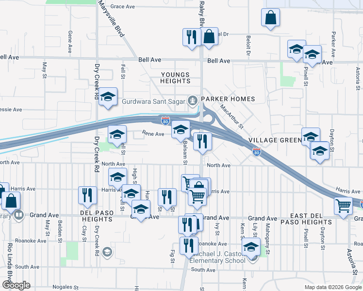 map of restaurants, bars, coffee shops, grocery stores, and more near 4039 Balsam Street in Sacramento