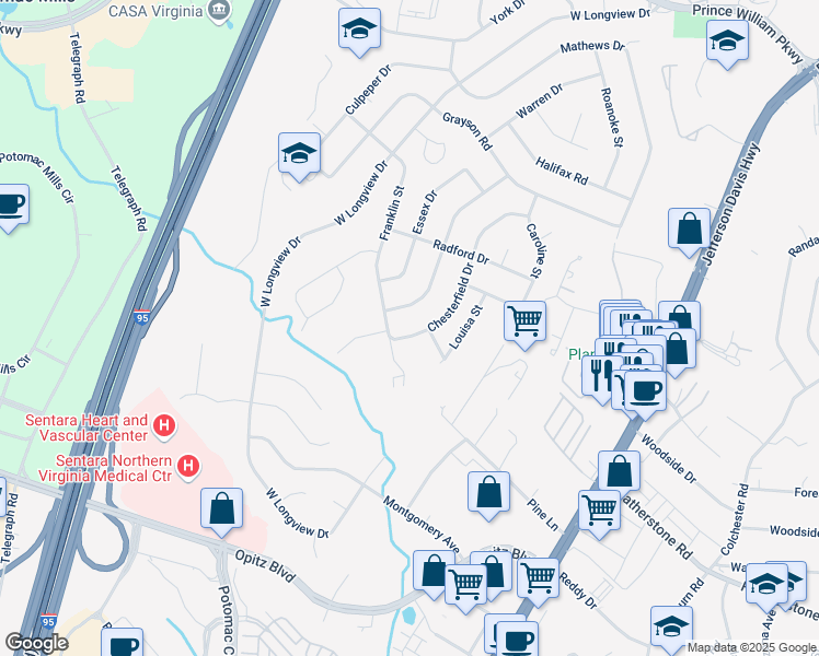 map of restaurants, bars, coffee shops, grocery stores, and more near 14320 Chesterfield Drive in Woodbridge