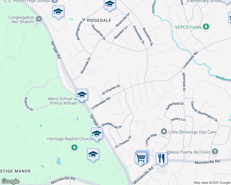 map of restaurants, bars, coffee shops, grocery stores, and more near 14314 Lindendale Road in Woodbridge