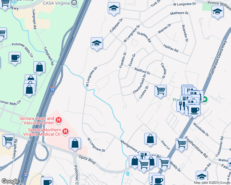 map of restaurants, bars, coffee shops, grocery stores, and more near 2104 Patrick Street in Woodbridge