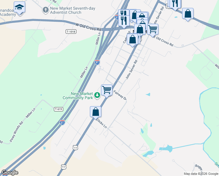 map of restaurants, bars, coffee shops, grocery stores, and more near 9667 South Congress Street in New Market