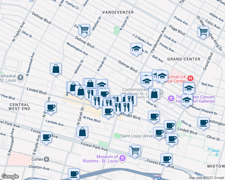 map of restaurants, bars, coffee shops, grocery stores, and more near 3961 Westminster Place in St. Louis