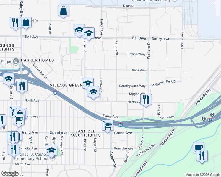 map of restaurants, bars, coffee shops, grocery stores, and more near 4042 Barbara Street in Sacramento