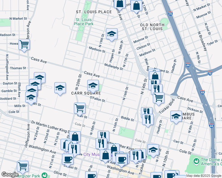 map of restaurants, bars, coffee shops, grocery stores, and more near 1736 Cochran Place in St. Louis