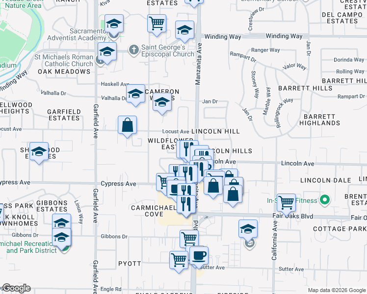 map of restaurants, bars, coffee shops, grocery stores, and more near 4117 Scranton Circle in Carmichael