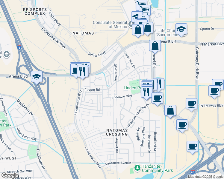 map of restaurants, bars, coffee shops, grocery stores, and more near 4060 Beechcraft Way in Sacramento