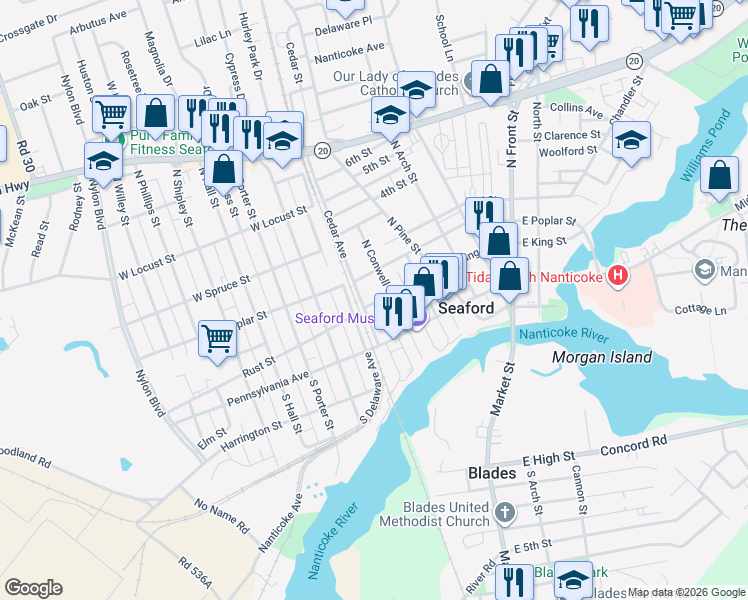 map of restaurants, bars, coffee shops, grocery stores, and more near 110 East King Street in Seaford