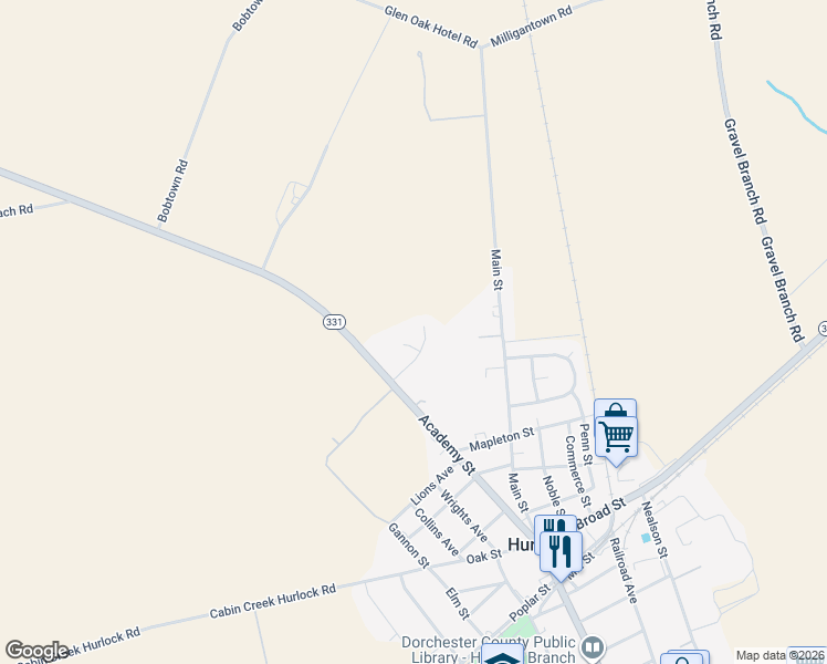 map of restaurants, bars, coffee shops, grocery stores, and more near 107 Barnes Court in Hurlock