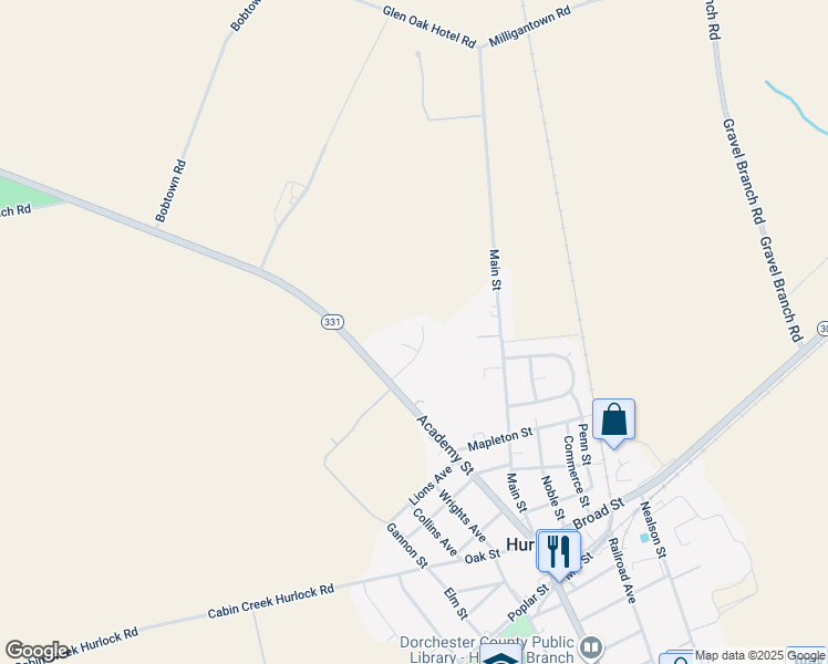 map of restaurants, bars, coffee shops, grocery stores, and more near 108 Barnes Court in Hurlock