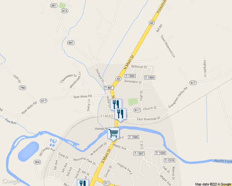map of restaurants, bars, coffee shops, grocery stores, and more near 233 N Main St in Timberville