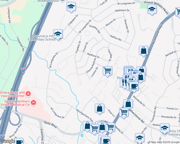 map of restaurants, bars, coffee shops, grocery stores, and more near 14309 Chesterfield Drive in Woodbridge