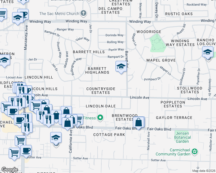 map of restaurants, bars, coffee shops, grocery stores, and more near 4225 Josh Court in Carmichael