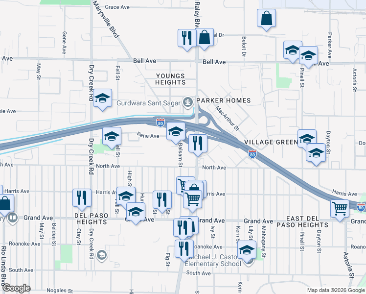 map of restaurants, bars, coffee shops, grocery stores, and more near 4039 Balsam Street in Sacramento